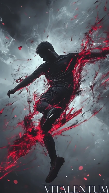 Explosive soccer kick in swirling red energy storm.