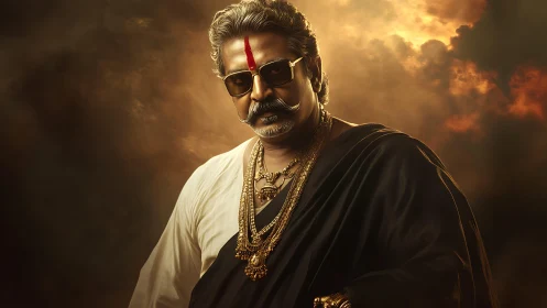 Regal elder in traditional attire under dramatic backlit storm clouds