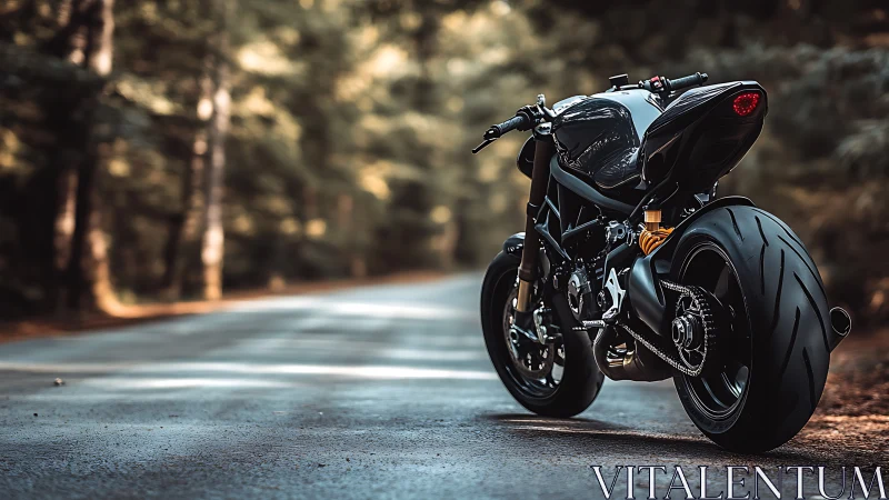Sleek black motorcycle waits calmly on a quiet forest road