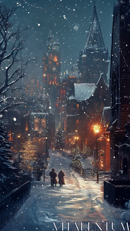Snow-covered street leads to illuminated gothic buildings
