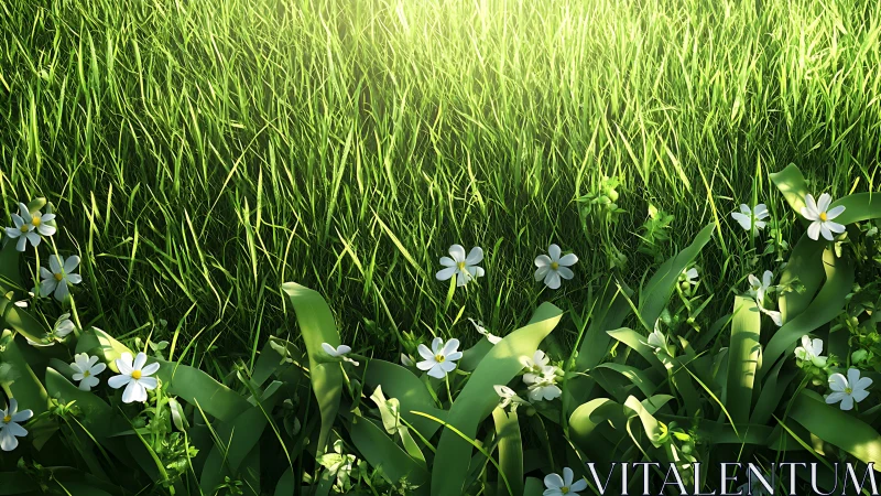 Sunlit meadow grass with white wildflowers in soft bloom.