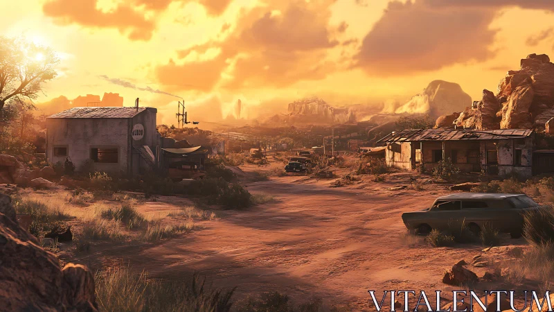 Sunlit desert road drifting past quiet roadside shacks.