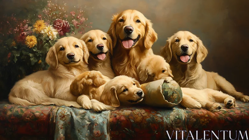 Golden retriever family sharing cozy cuddles and smiles.
