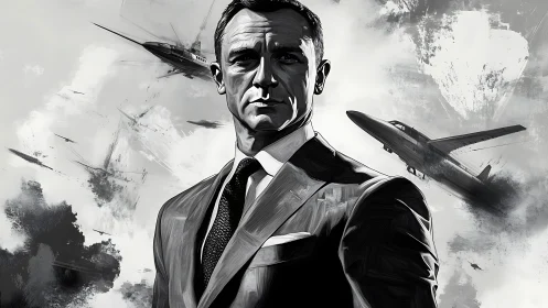Stoic suited agent amid monochrome fighter aircraft backdrop.
