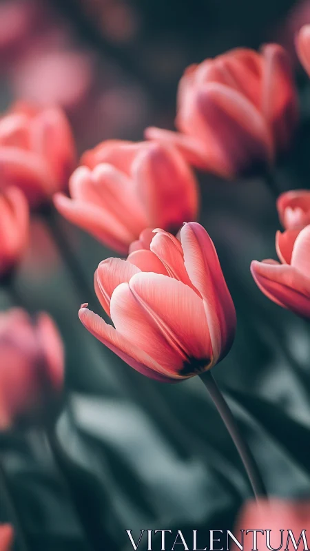 Coral Tulips Unfold in Soft-Focus Garden Magic.