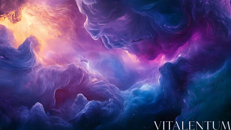 Vivid swirling nebula clouds glow in purple, blue and gold