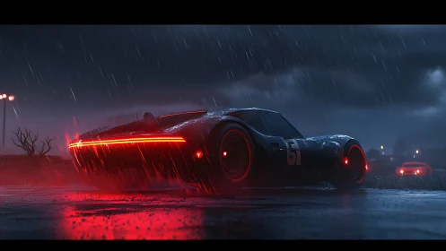 Neon rain slashes as a cyber racer prowls the wet highway