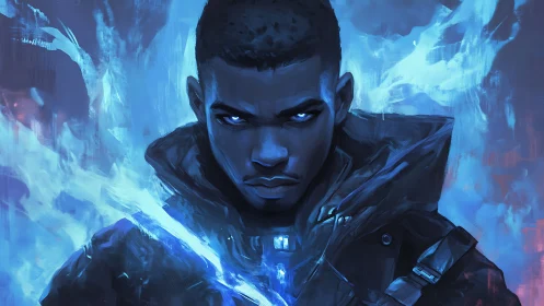 Cyber mage warrior with blue energy aura portrait.