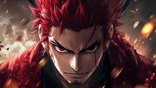 Fierce red‑haired warrior glares amid swirling embers.