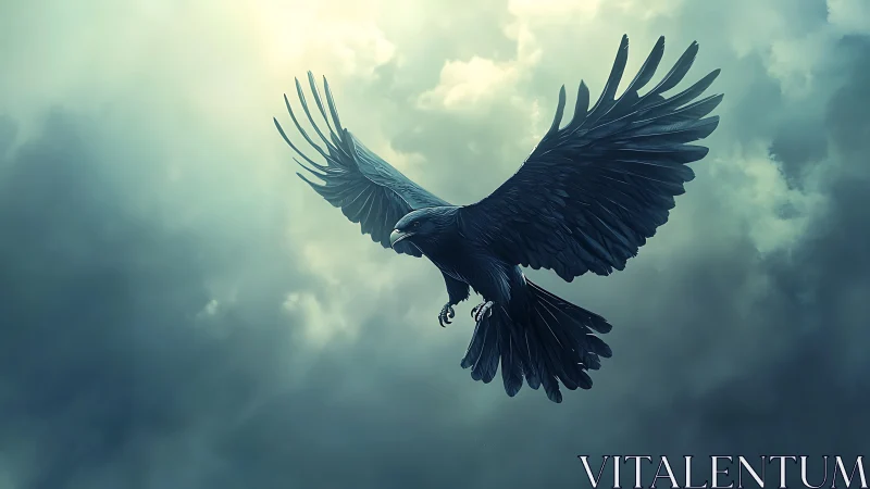 Raven soars through stormlit sky with outstretched wings.