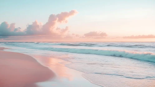Pastel sunrise surf along a tranquil reflective shore.