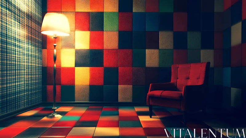 Color blocks cradle a lone red armchair in glowing hush