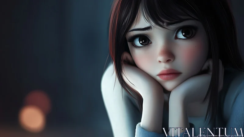 Soft-eyed dreamer in twilight hush, cradling quiet worries.