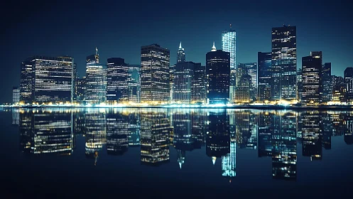 Nocturnal glass skyline with mirrored waterfront reflections