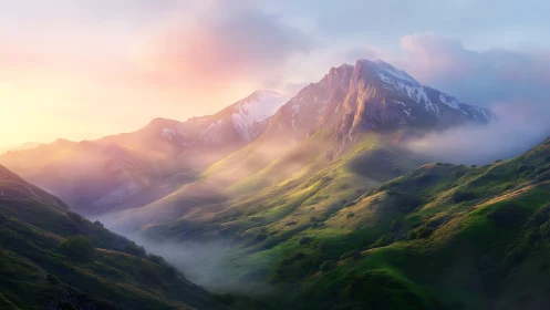 Sun-kissed emerald ridges under a dreamlit alpine crown.