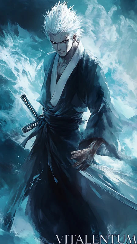 White haired swordsman stands amid stormy blue energy waves