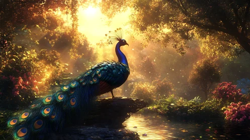 Radiant peacock stands beside glowing forest stream at dawn