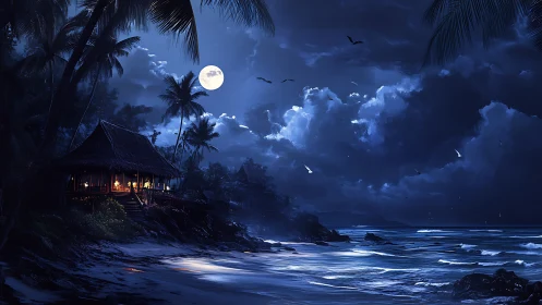 Moonlit tropical beach refuge glows beneath starlit sky.