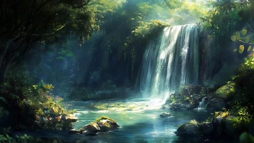 Waterfall Cascading Through Emerald Forest Canopy
