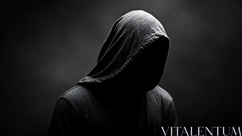 Hooded figure in shadowed studio with obscured facial detail.