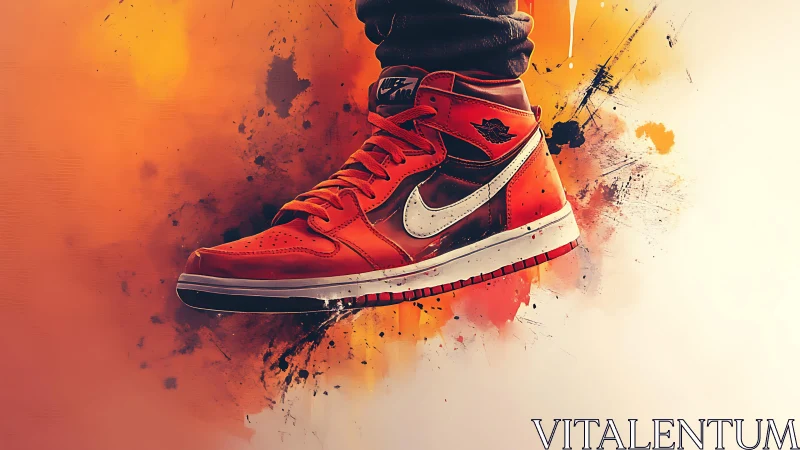 Flaming street sneaker kicks through a burst of paint thunder
