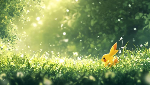 Yellow creature in sunlit meadow with surrounding foliage.