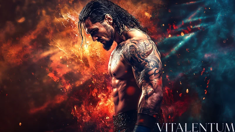 Brooding warrior wrapped in fire and starlit energy.