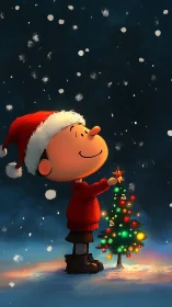 Child character in red sweater decorating small lit tree.