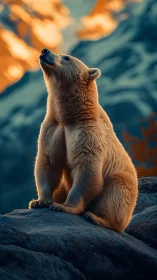 Golden-lit polar bear gazes upward on rugged rocky outcrop.