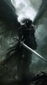 Shadow-winged fallen knight with sword in storm haze.