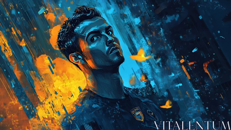 Male figure rendered in blue and orange digital portrait