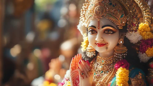 Hindu goddess statue in ornate gold jewelry and flowers.