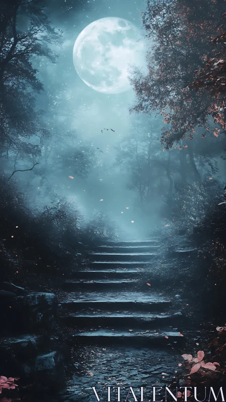 Moonlit stone stairway receding into fog-dense nocturnal forest
