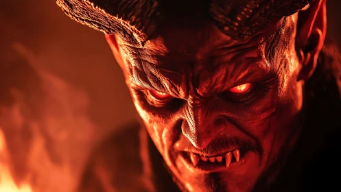 Smoldering horned demon portrait in glowing ember light.