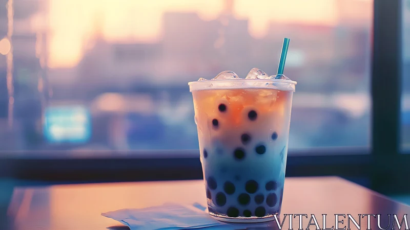 Pearl Boba Tea at Sunset: Urban Beverage Photography.
