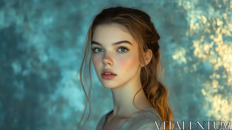 Ethereal young woman portrait in teal bokeh light field.