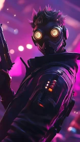 Masked cyberpunk gunman in neon pink futuristic city scene.