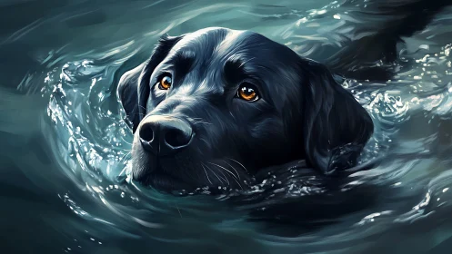 Gentle black dog glides through shimmering blue water calmly