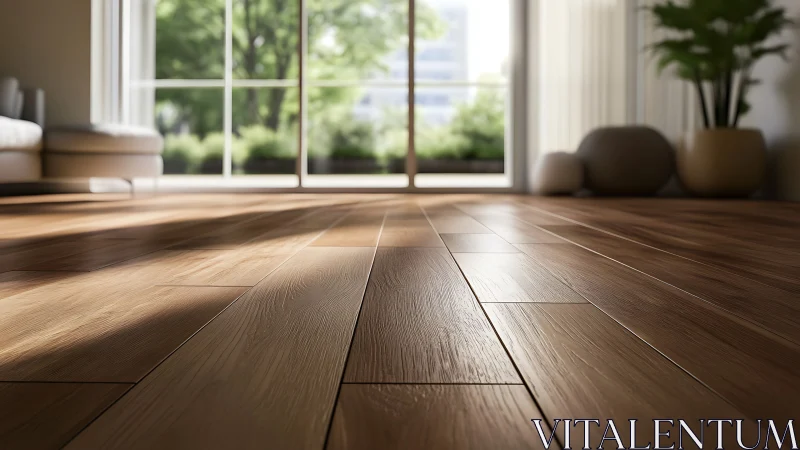 Warm sunlit wooden floor welcomes a calm, open living space