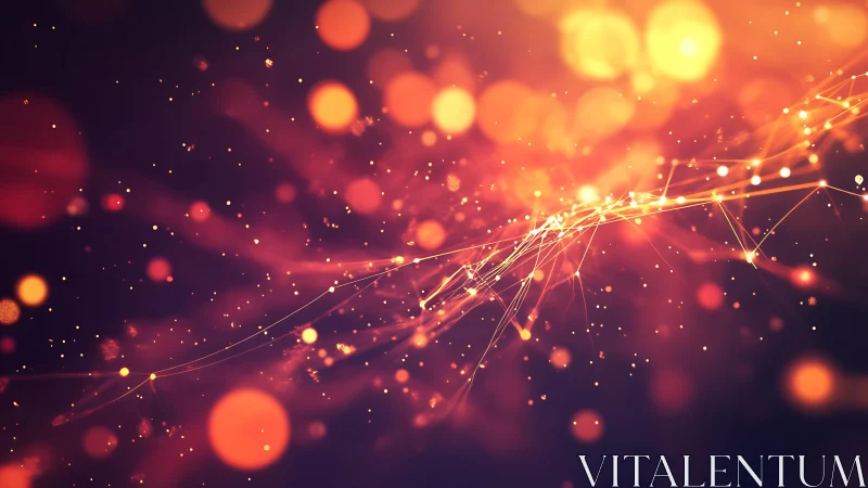Abstract glowing orange bokeh lights with digital network lines.