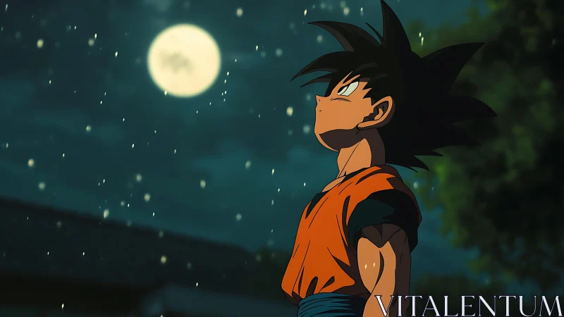 Anime warrior gazes at glowing moon in quiet night rain