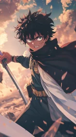 Determined anime swordsman charges under a blazing sky.