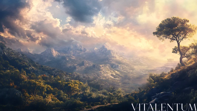 Sunlit mountain valley wrapped in soft, dreamlike clouds.