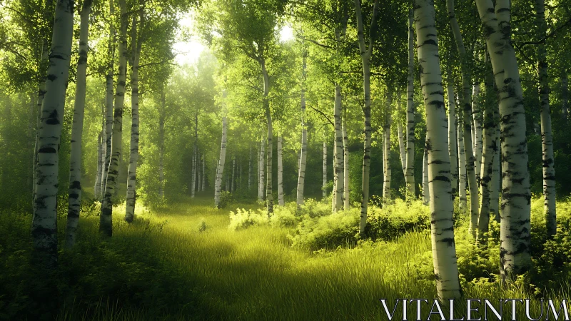 Luminous Birch Forest with Diffused Sunlight Through Canopy