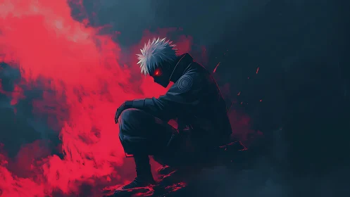 Brooding masked warrior resting in swirling red mist.