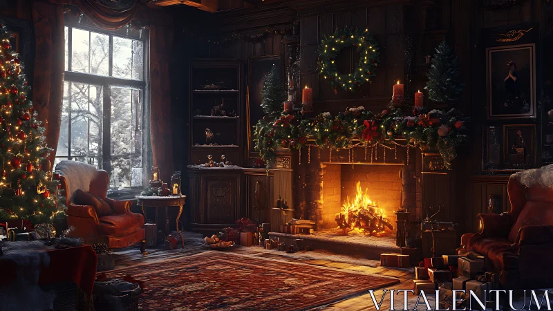 Cozy living room shows decorated fireplace and lit tree