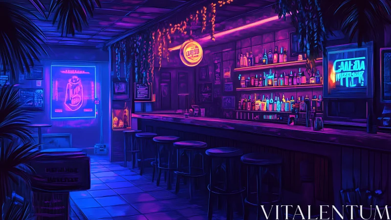 Neon-soaked night bar glowing in electric purple hush.