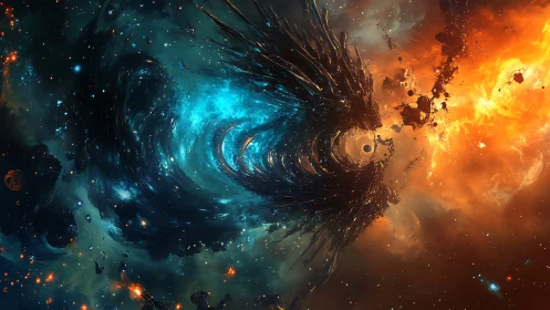 Cosmic rift dragon swirling between fire and frozen stars.