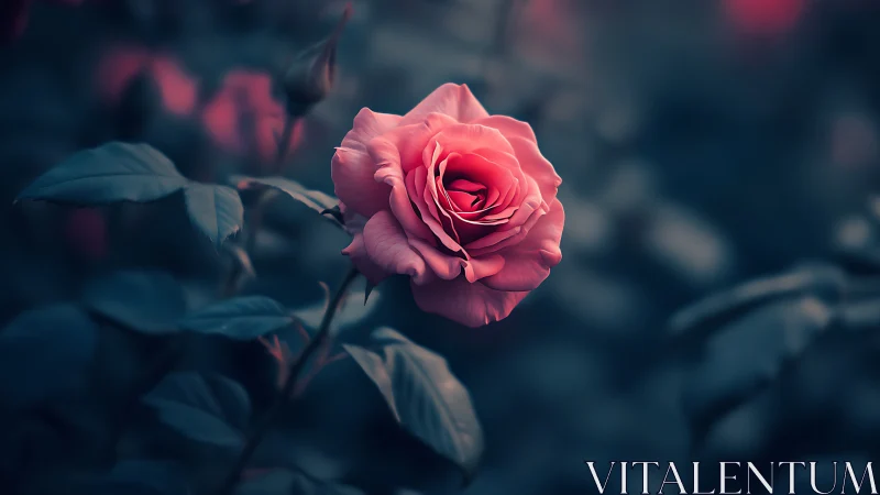 Pink rose bloom isolated against dark teal background with selective focus