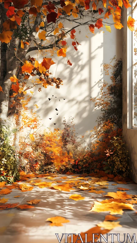 Sunlit indoor courtyard captures drifting autumn leaves